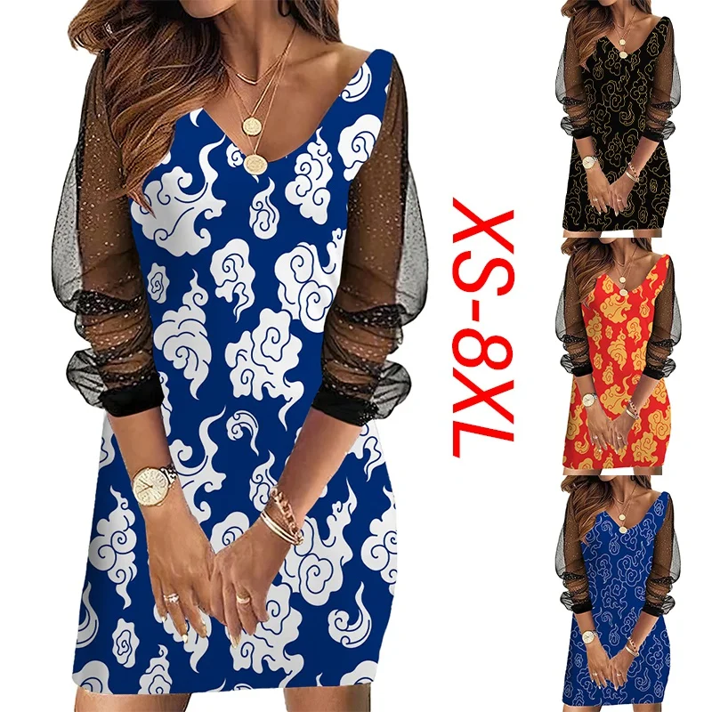 

Women's Cloud Pattern Mesh Long Sleeve Panel Dress Plus Size XS-8XL