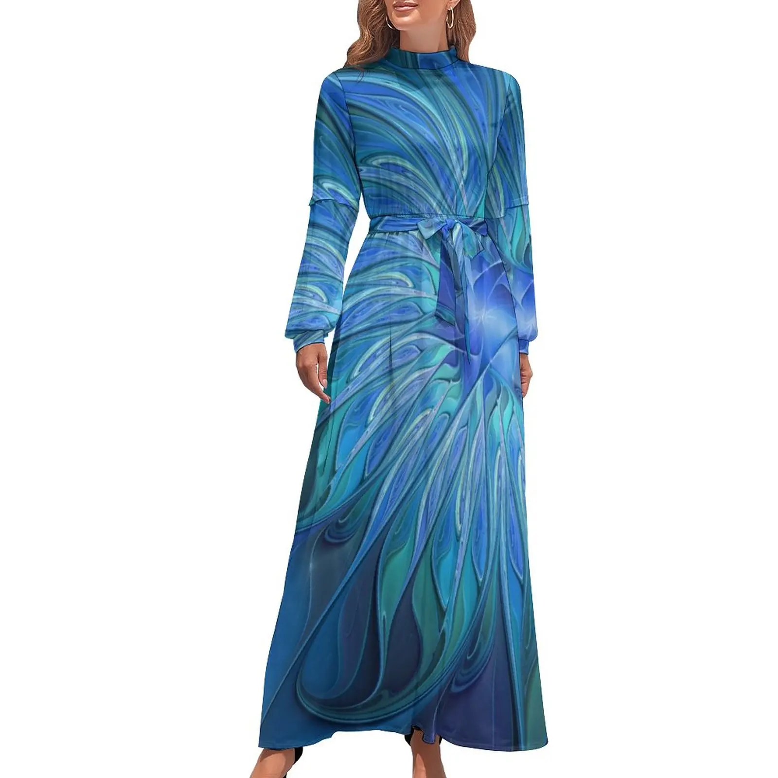 

Платье макси с цветочным принтом, длинное платье с высокой талией, с абстрактным фрактальным рисунком, в богемном стиле, с длинным рукавом, синее
