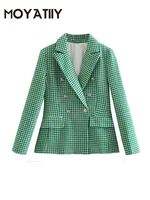 moyatiiy women green plaid tweed blazer female long sleeve elegant jacket ladies work wear blazer formal suits