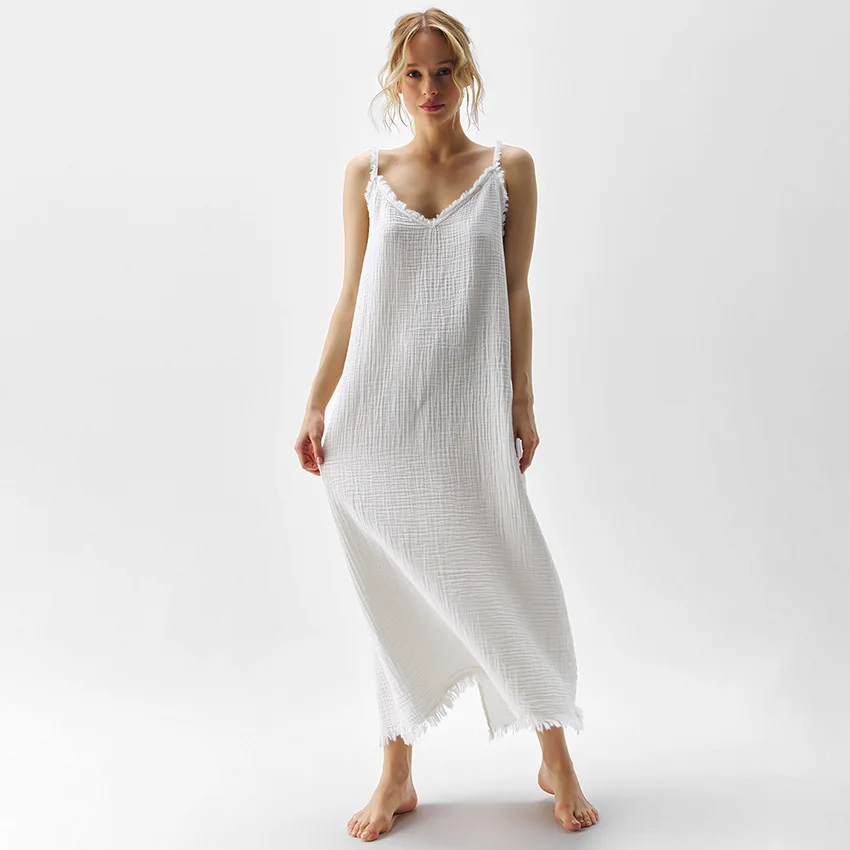 

100% Cotton Gauze White Summer Dress Women 2024 Sexy Sleeveless Back Open Side Long Party Club Dress Holiday Sundress