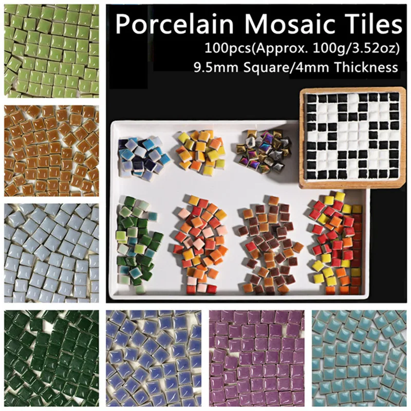

100pcs(Approx. 100g/3.5oz) Porcelain Mosaic Tiles 9.5mm Square Ceramic Mosaic Making Tiles 4mm Thickness DIY Crafts Materials