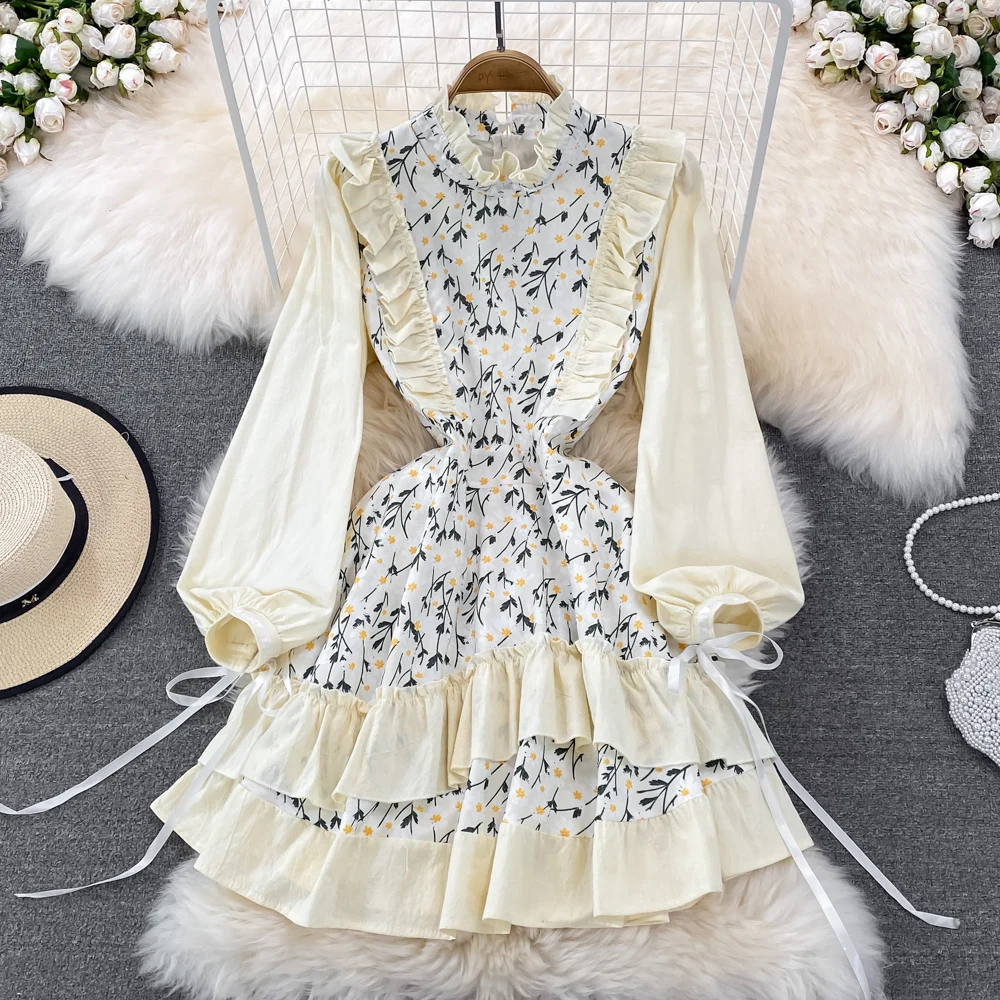 

New Spring Casual Women Dress French Floral Dresses Retro Long Sleeve Jurk Robe Femme Fairy Lantern Sleeve Vestido Beige Mujer