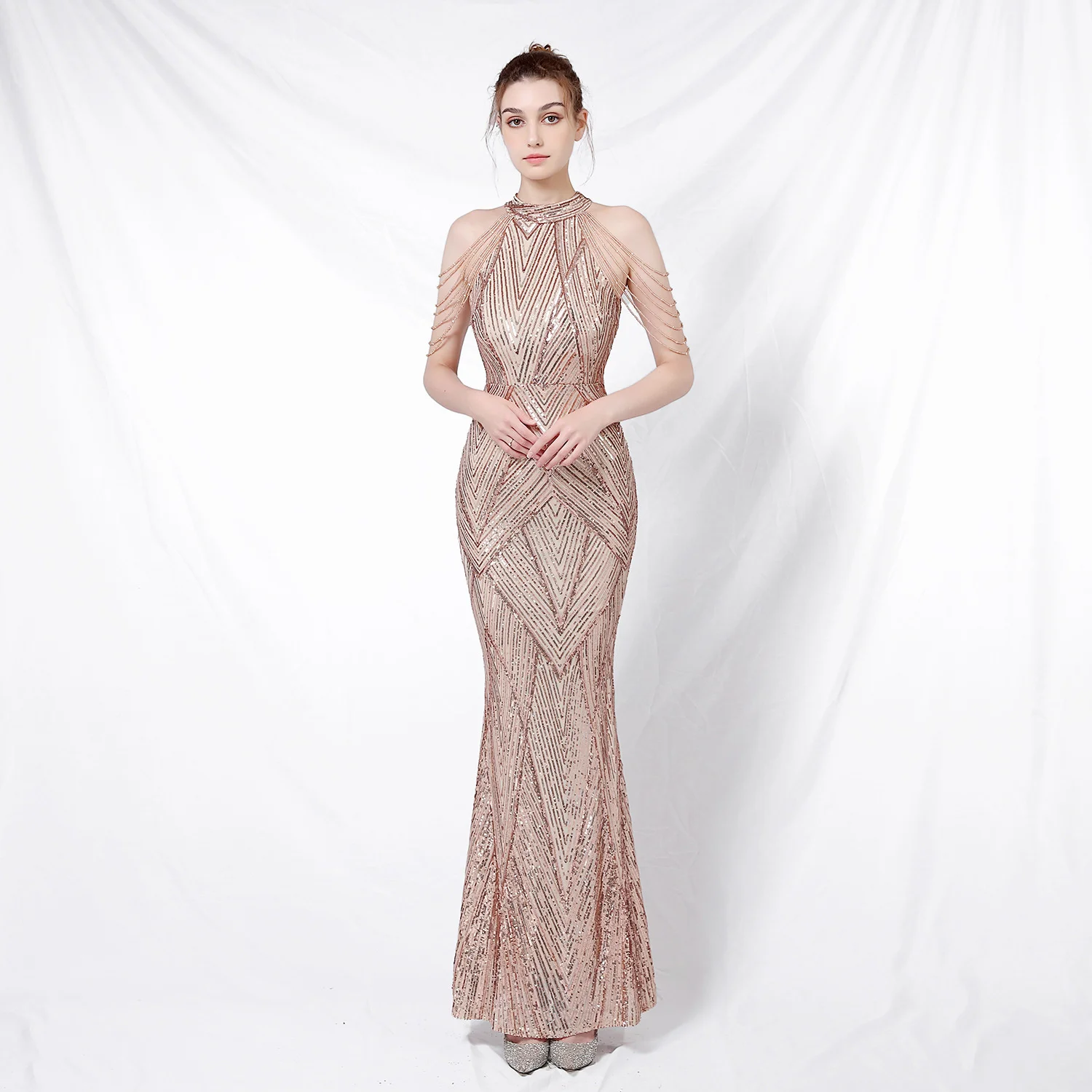 

18126 # new style banquet elegant temperament long necked diamond Sequin aura queen fishtail dress evening dress