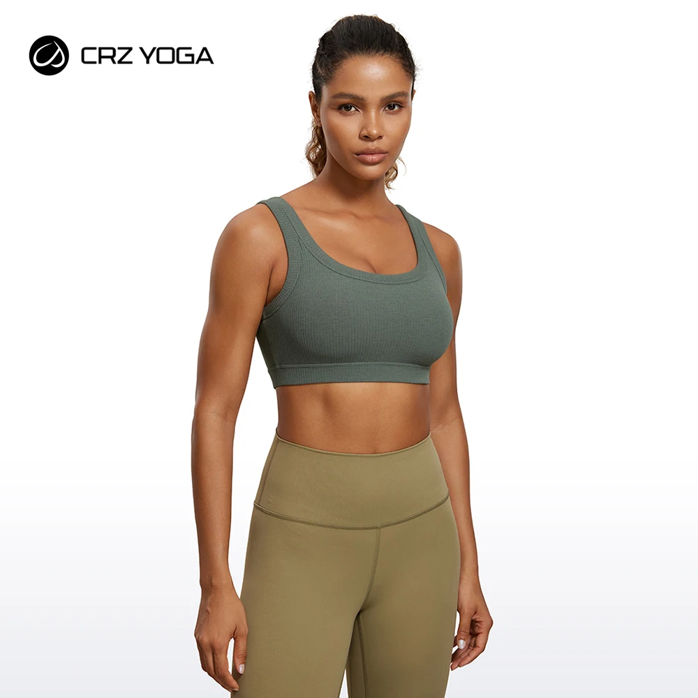 

CRZ YOGA Ribbed Sports Bras for Women - U Back Wireless Medium Impact Sports Bra Padded Yoga Workout Bra