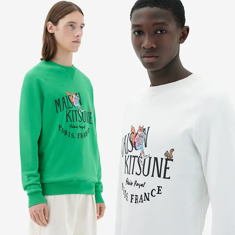 

Women Little Fox Reading Newspaper Print O-Neck Letter Embroidery Sweatshirt