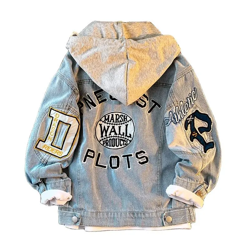 Korean Children Boys Denim Jackets Cotton Teenage Hooded Jeans Jackets Letter Print Spring Boys Clothes 4 6 8 12 16 Years Old