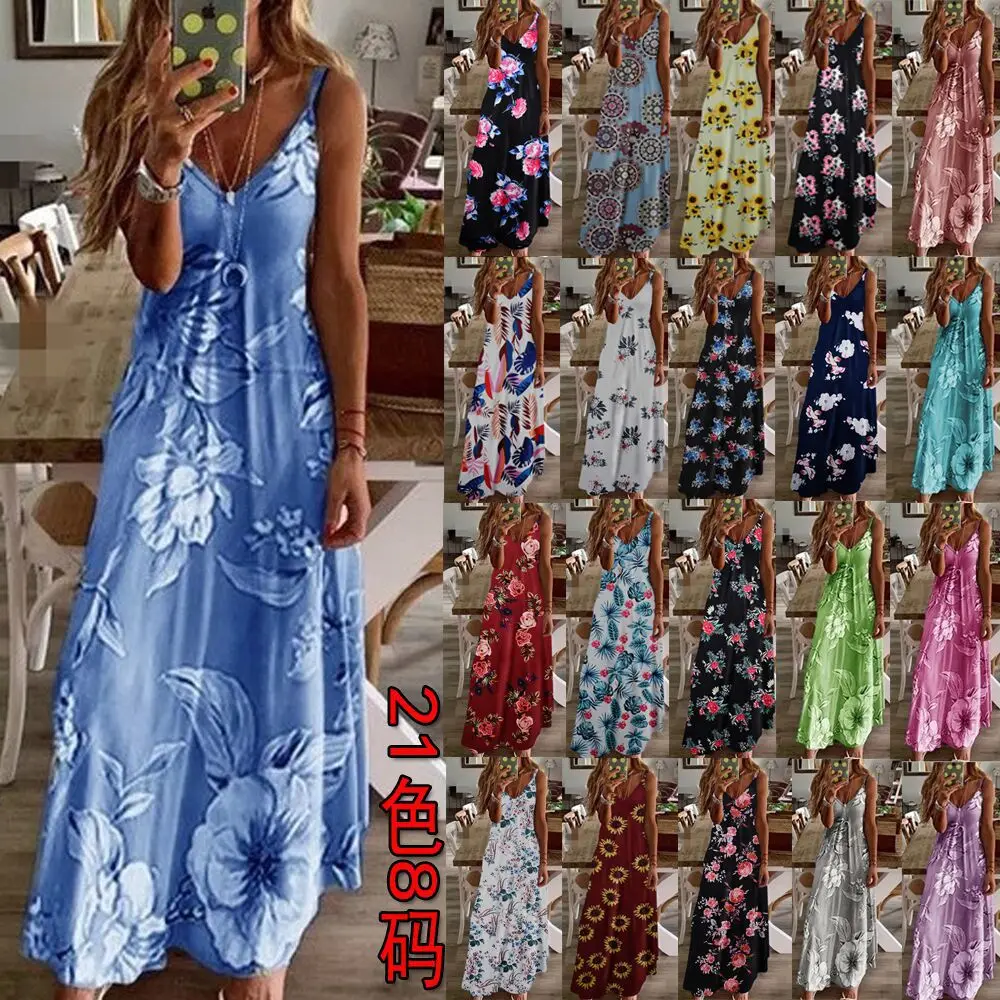 

VOLALO Women Dresses Summer 2023 Sexy V Neck Floral Print Boho Beach Dress Ruffle Sleeveless A Line Dress Wrap Sundress Robe