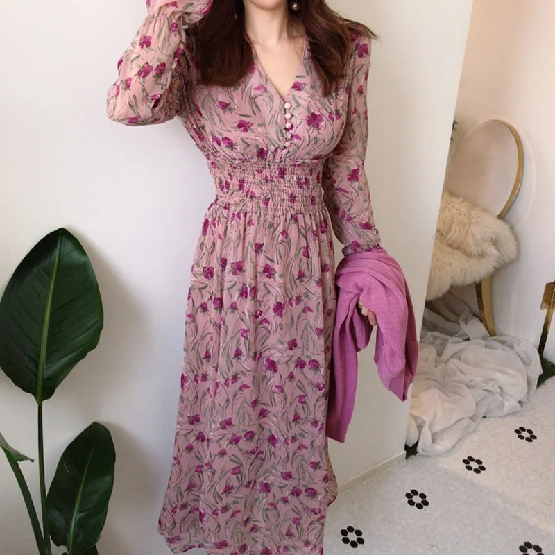 

2022 Fashion V-neck Floral Print Elastic Waist Women Dress Vintage Flare Sleeve Front Buttons A-line Female Long Dresses