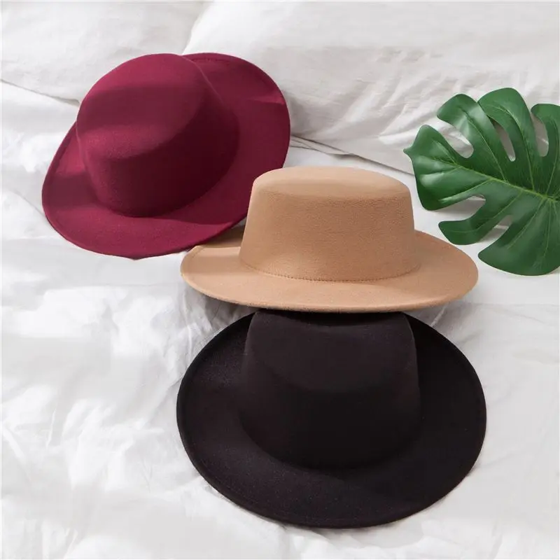 

Шляпа фетровая женская с широкими полями, элегантная Панама из фетра и шерсти, однотонная, в британском стиле, с плоским верхом, весна-осень