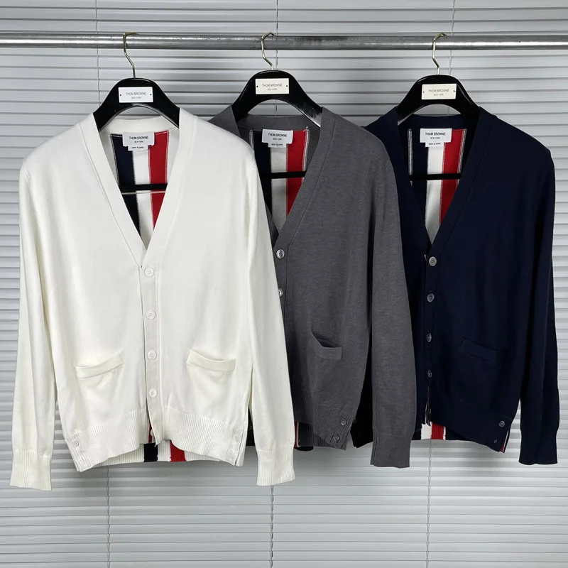 

Brand 2023 Fashion TB THOM Sweaters Men Slim V-Neck Cardigans Clothing Back Coarse Striped Wool Cotton Spring Autumn Casual Coat