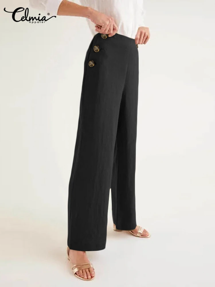 

Брюки Celmia Женские повседневные с завышенной талией, простые модные штаны на пуговицах, хлопково-льняные брюки с широкими штанинами для отды...