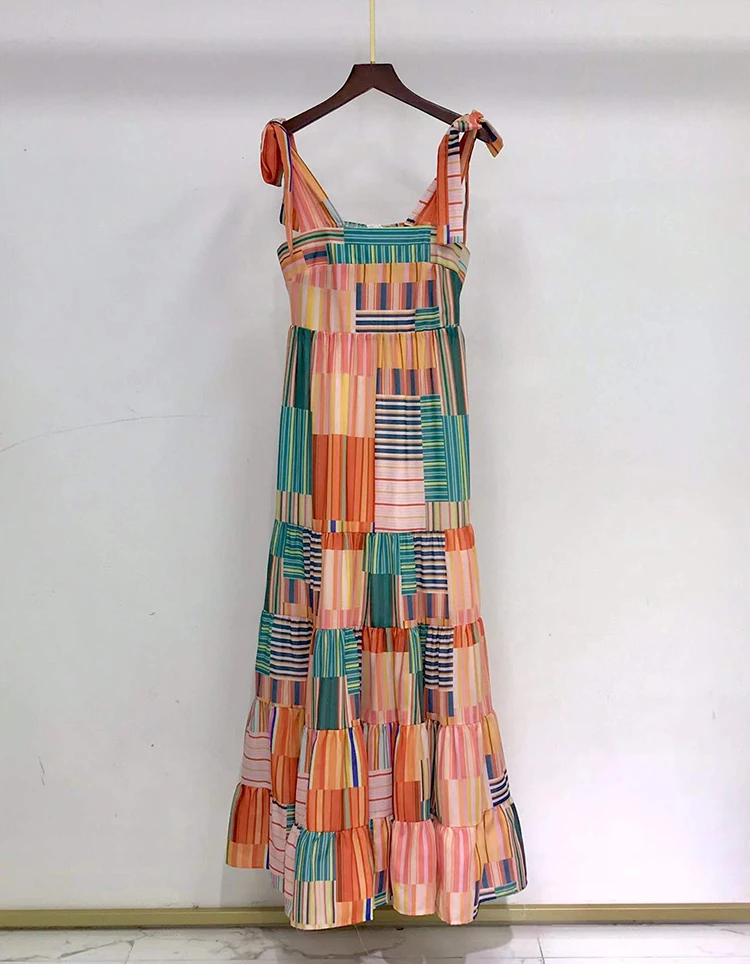 

Fashion Women Multi-Color Long Dress Summer Elegant Colorful Striped Print Bow Long Beach Camisole Retro Dresses Good