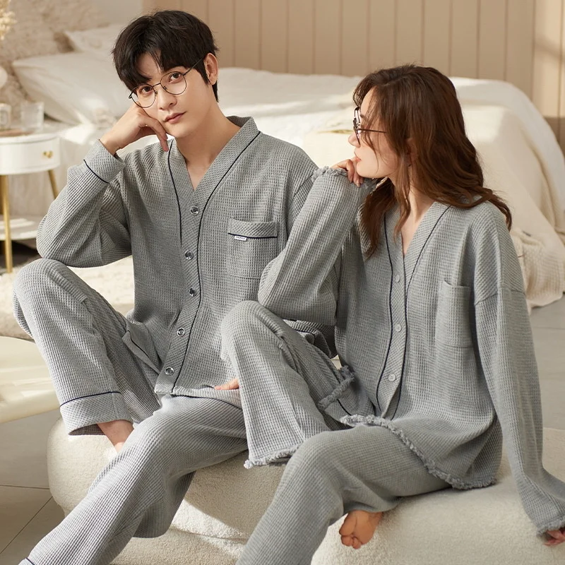 

Autumn Couple Pijamas Set For Men Women Cotton Kimono Homewear Man Pjs Female Pijamas Suit Pyjamas Home Clothes Drop Ship