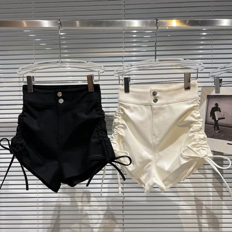 

PREPOMP 2022 Spring New Arrival High Waist Double Buttons Stretch Drawstring Slim Shorts Women GD946