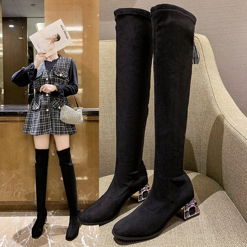 

Back Strap Design Medium High Thick Heel Over Knee Boots Women's Elastic Fabric Non-slip Thigh High Sexy Women's Shoes