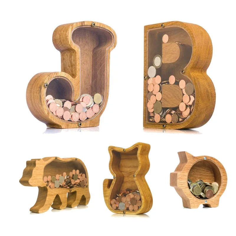 

26 Letter Wooden Piggy Bank with Name Sticker Personalized Transparent Glass Money Box for Kids Children Gift Home Decoration