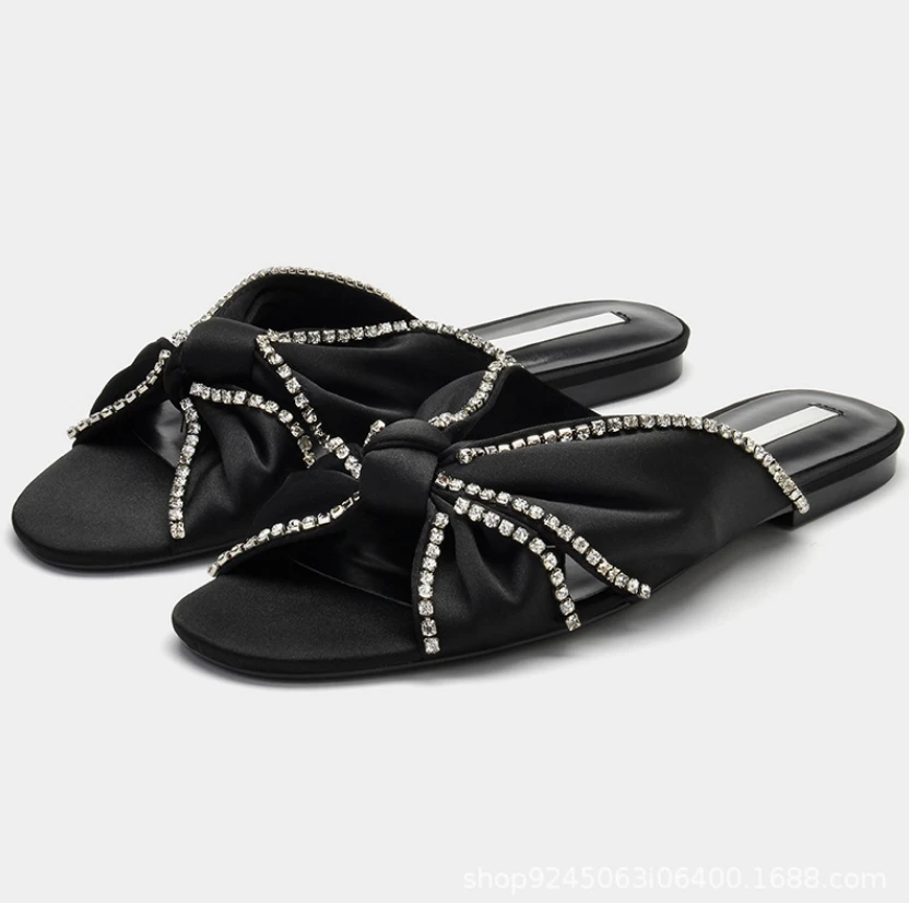 

Summer Fashion Women's Sandals Casual Flat Slippers Bowknot Rhinestone Black Temperament Slippers Women Shoes Plus Size 35-42
