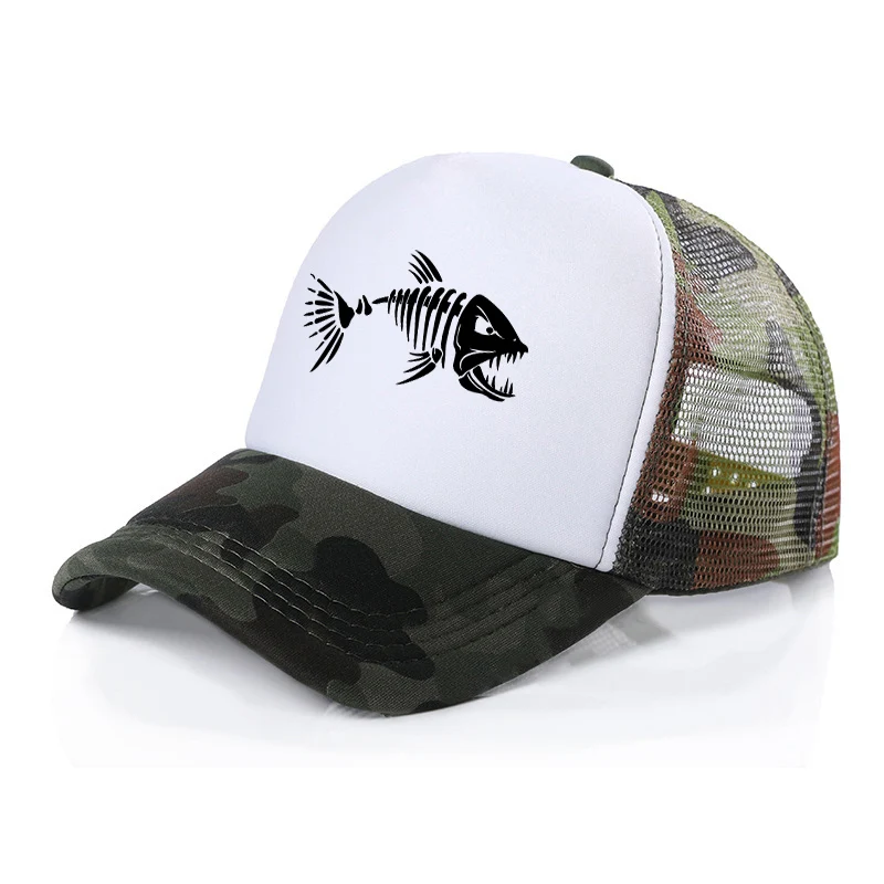 

Men fish skull Trucker Caps Fishbone Skeleton Fish Bone Baseball Cap Mesh Net Hat Women Brass buckle Dad Cap Snapback