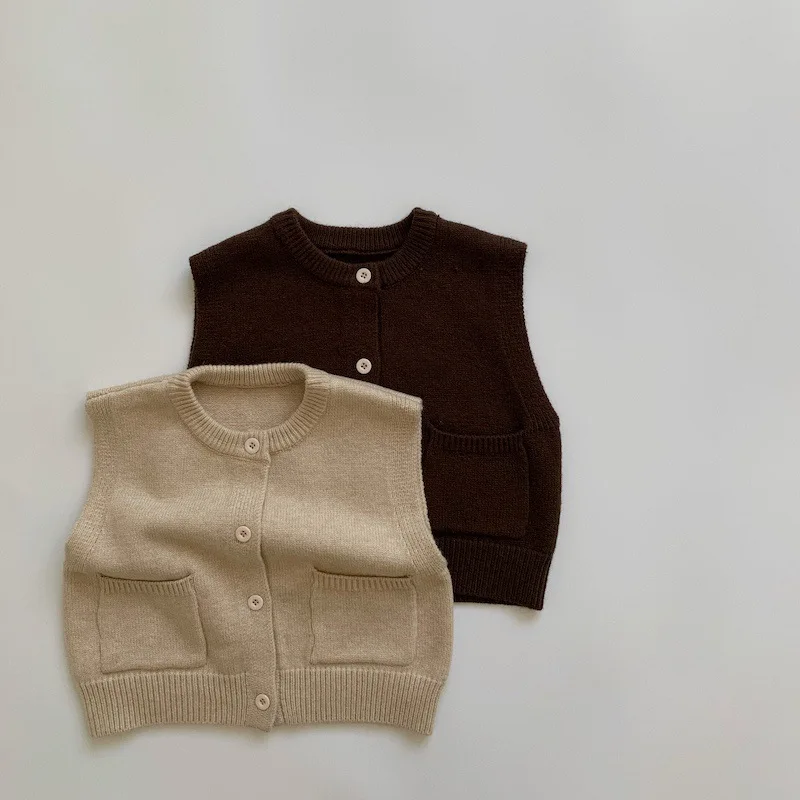 

Kids Sweater Beige Brwon Knitted Sleeveless Cardigan Baby Boys Girls Spring Fall Clothes for 1-6 Years