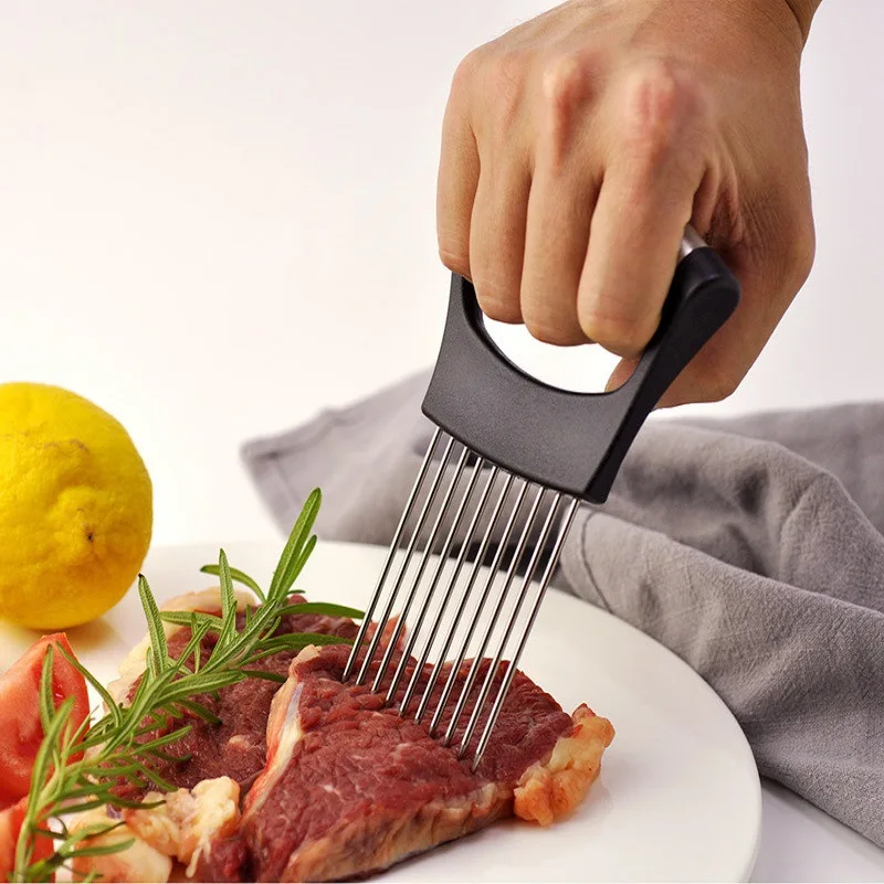 

1PC Stainless Steel Beef Steak Needles Onion Tomato Cutter Fork Vegetable Slicer Holder Meat Pin