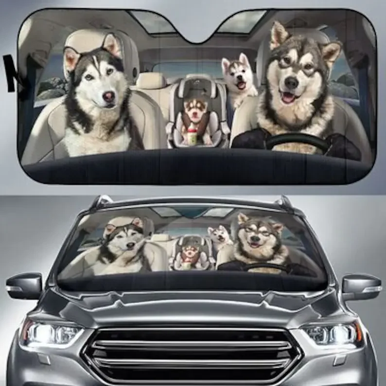 

Husky Family Funny Safe Driver Auto Sun Shade Customized Gift Windshield Sunshade, Custom Animal Pattern Sunshade, Personalized