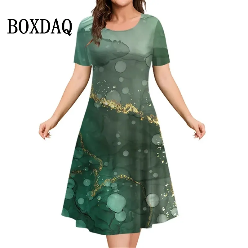 

2023 Summer Marble Print Dress Women Elegant O-Neck Short Sleeve Mini Party Dress Ladies Casual Loose Plus Size Dresses Vestidos