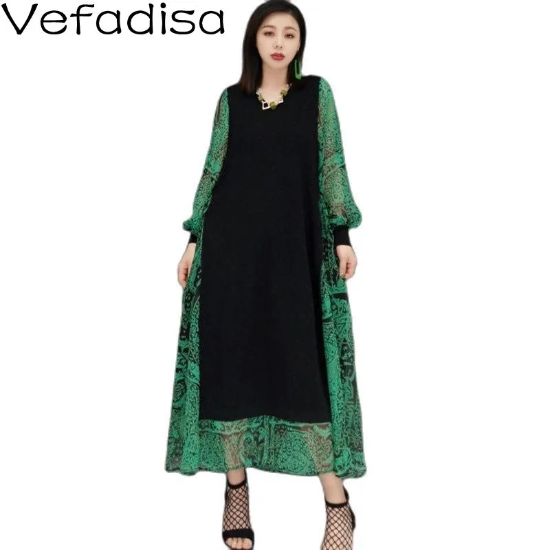 

Vefadisa Spring Long-sleeved V-neck Pullover Dress Green 2022 New Lace Stitching Sweater Casual Temperament Dress TT1092
