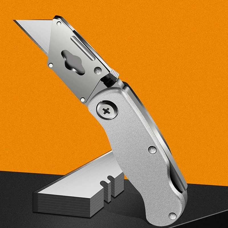 Pocket Folding Aluminum Alloy Box Cutter Utility Knife with Belt Clip, Razor Cutting Opener for Cardboard, Carton, Carpet, Boxes