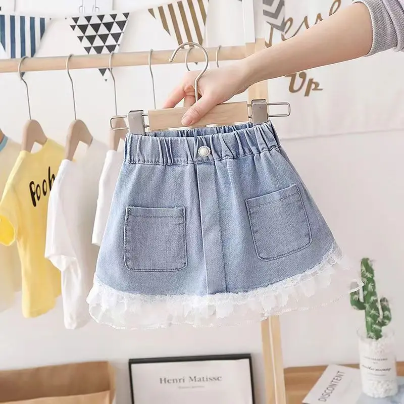 Kids Girls Denim Short Skirt 2023 New Loose Summer Childrens Skirt Fashionable Middle and Small Childrens Half Skirt Clothing