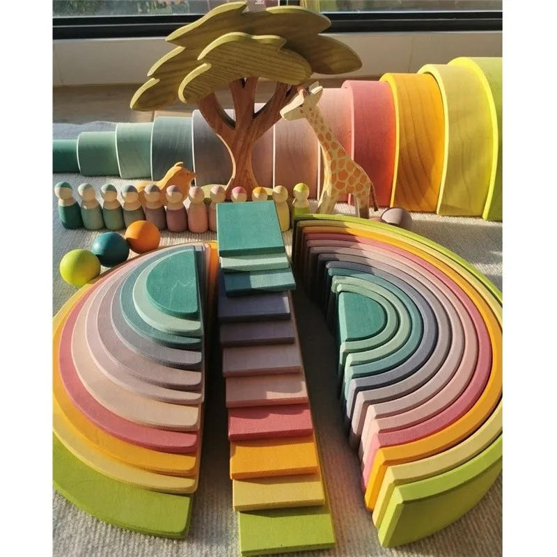 

High Quality Wooden Toys Pastel Basswood Rainbow Stacking Blocks Pine Building Semi Sorting Peg Dolls Balls for Kids Play