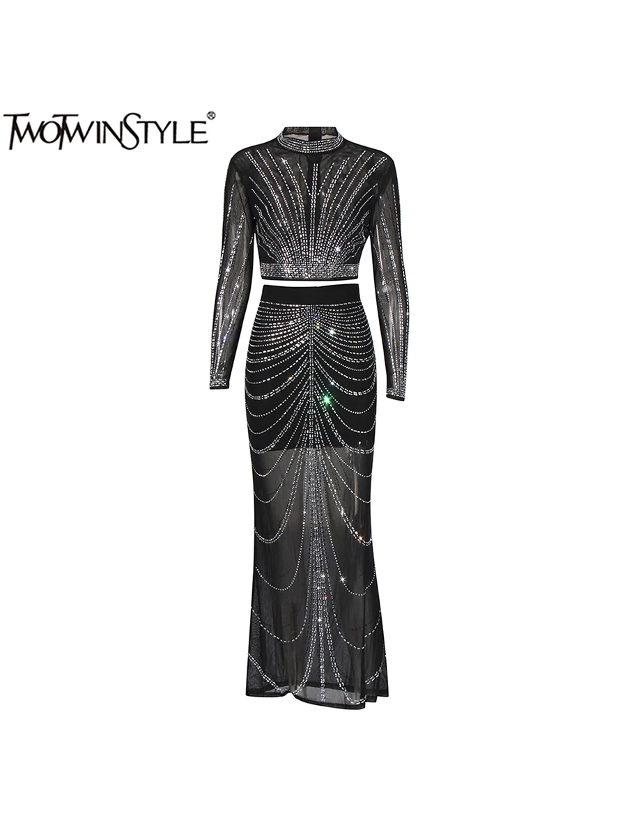 TWOTWINSTYLE Новый лоскутный комплект из двух предметов с бриллиантами для женщин топ
