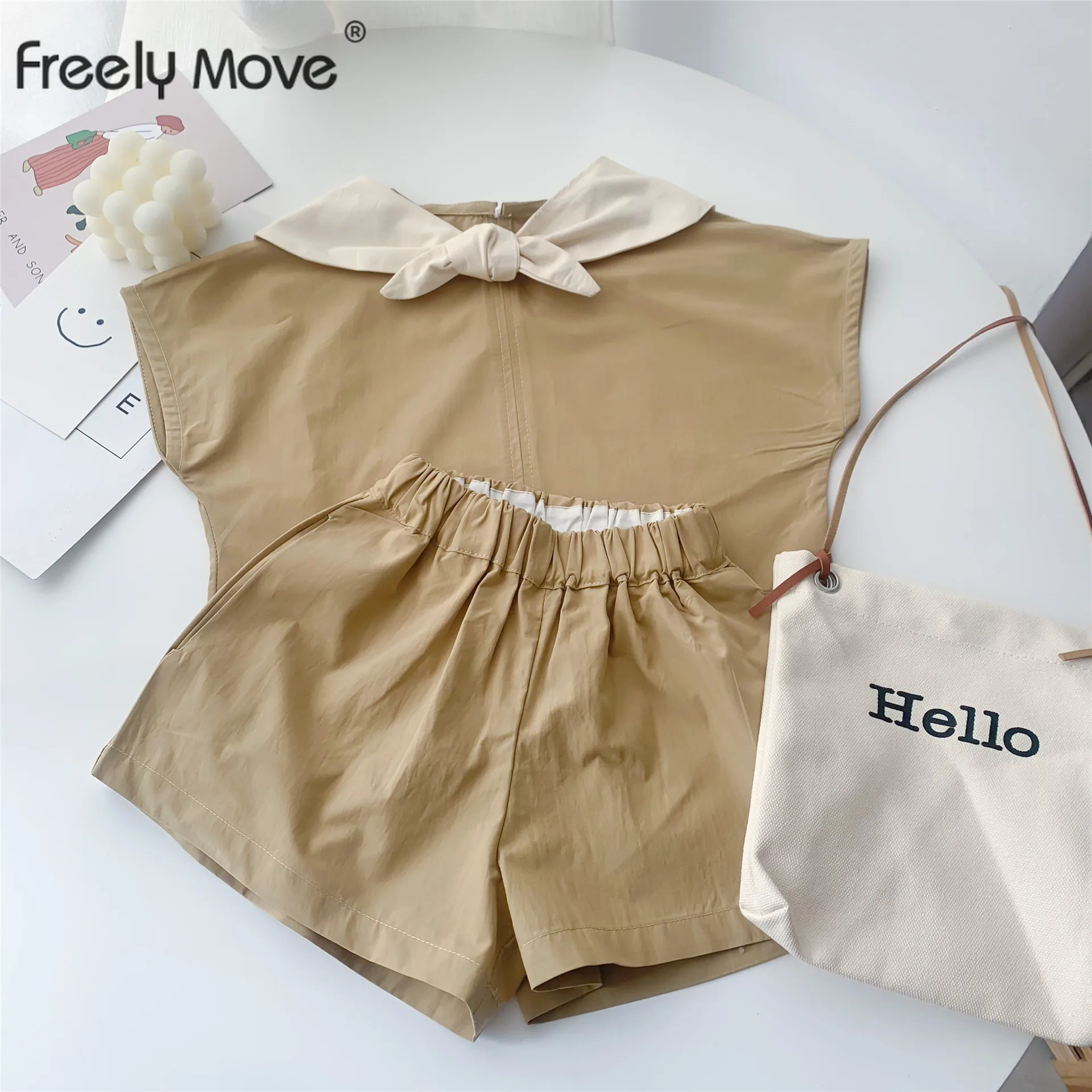 

Freely Move Summer Solid 2PCS Infant Girl Outfits Set Summer Sleeveless Casual Tops+ Shorts 2 Pcs Kids Korean Clothing
