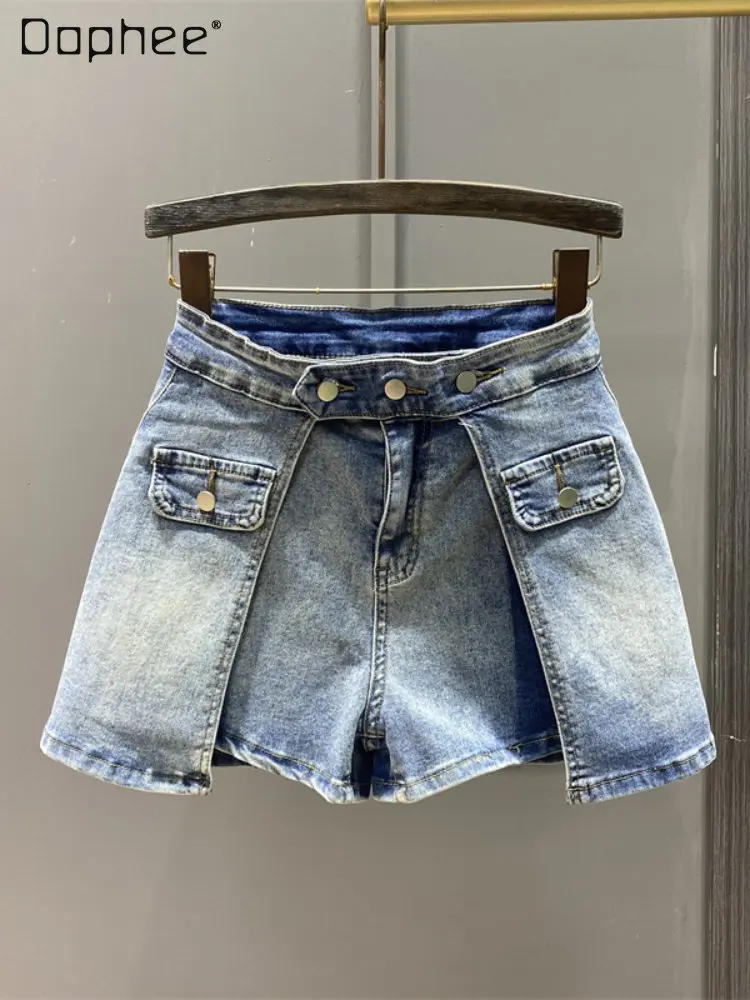 

Уличная женская джинсовая короткая юбка-брюки, новинка 2023, женская джинсовая юбка трапециевидной формы в стиле ретро с завышенной талией для женщин на весну и лето