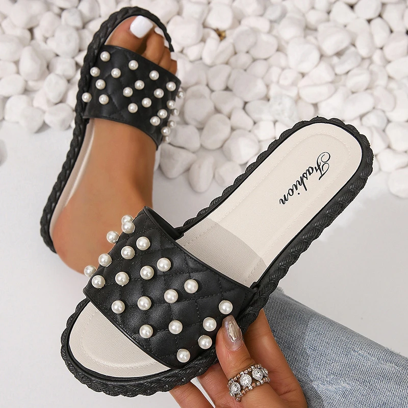 

Women's Slippers 2023 New Pearl A Word Drag Summer Fashion and Non-slip Soft Bottom Flat Bottom Sandals Shoes for Women Slipper