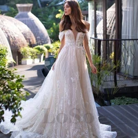 luxury wedding dress sequined off the shoulder exquisite appliques pearls princess glitter gown robe de mariee for women