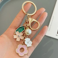 korean flower pearl charms keychain for womens girls enamel car keyring bag purse accessories