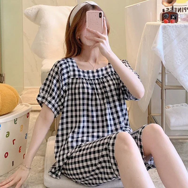 

Plaid Cotton Pajamas Printing Nightwear Loose Sleepwear Square Neck 2Pcs Shorts Sleeve Home Clothing Summer Thin Homewear