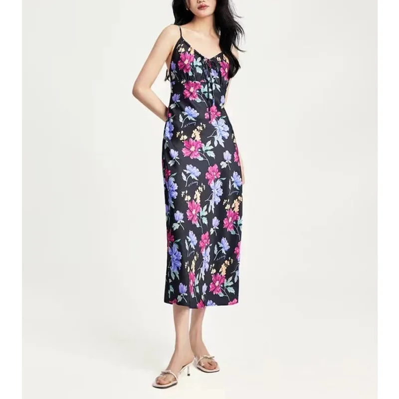 

Purple Print Suspender Midi Dress Ladies Sexy Backless Slim Fit Thin Shoulder Strap Holiday Gown 2023 Summer Women's Beach Dress