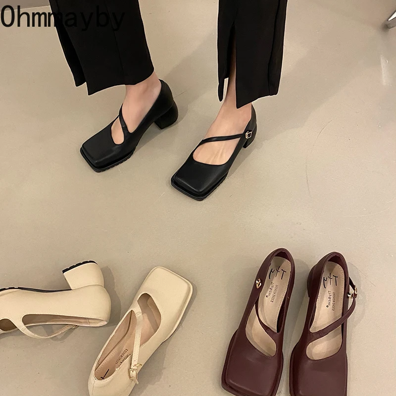 

Thick Heel Single Shoes Women Fashion Buckle Square Toe Casual Female Shallow Pumps British Style Woman Leather Shoe