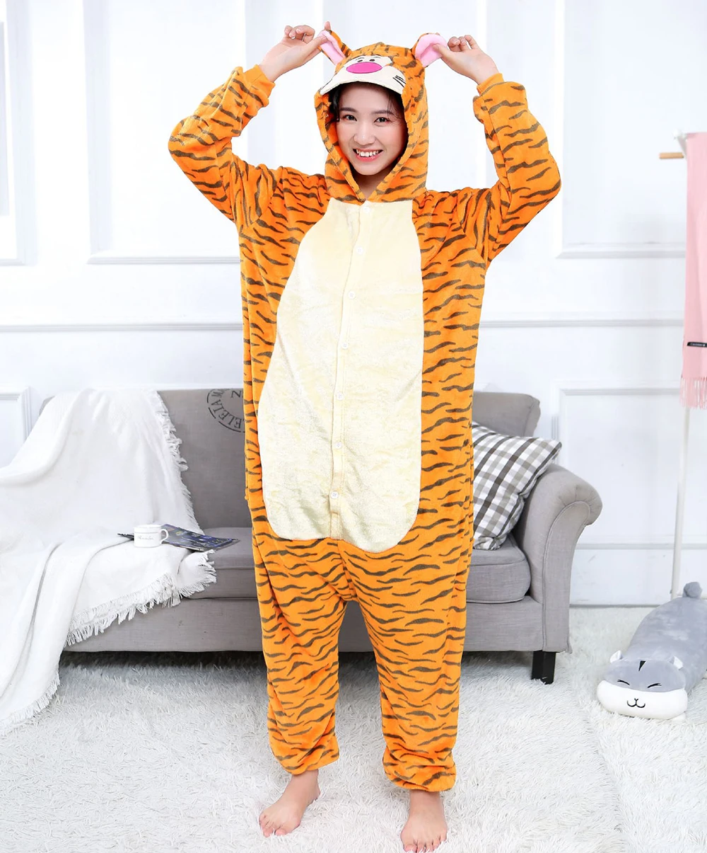 Winter Animal Pajamas Tiger Sleepwear Kids Kigurumi Family Onesie Pajamas Sets Women Men Unisex Adults Flannel Nightie Overalls