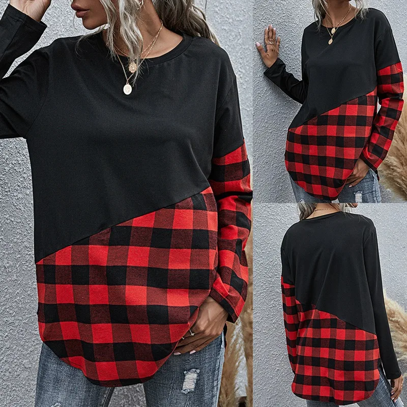 

Женская футболка в клетку, с круглым вырезом и длинным рукавом