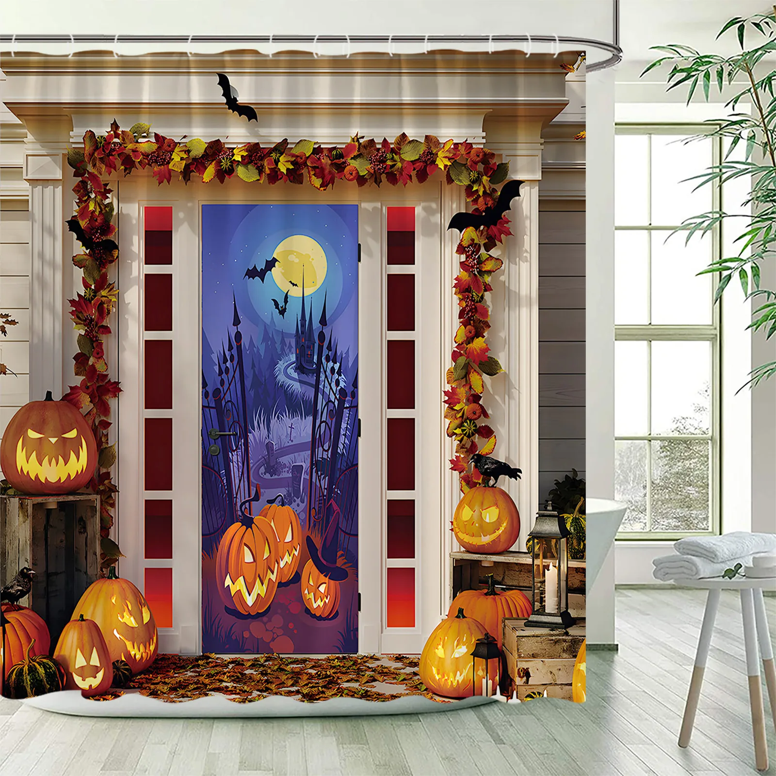 

Horror Halloween Shower Curtains Cartoon Pumpkin Wooden Door Maple Leaves Night Castle Scenery Bathroom Curtain Decor with Hooks