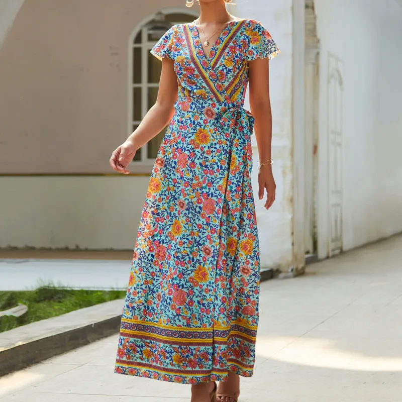 

Платье женское длинное с V-образным вырезом и коротким рукавом