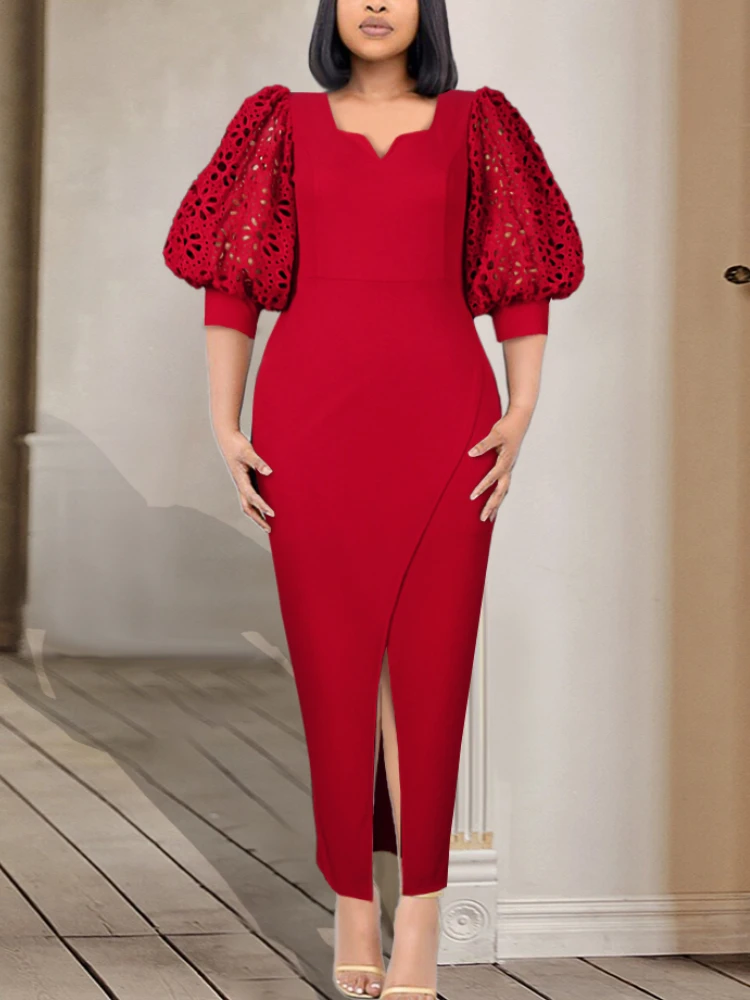 

Elegant Women Dresses Vintage Hollow Out Lace Half Sleeve Front Slit Bodycon Dress Celebrate Event Birthday Clothes Big Size 4XL
