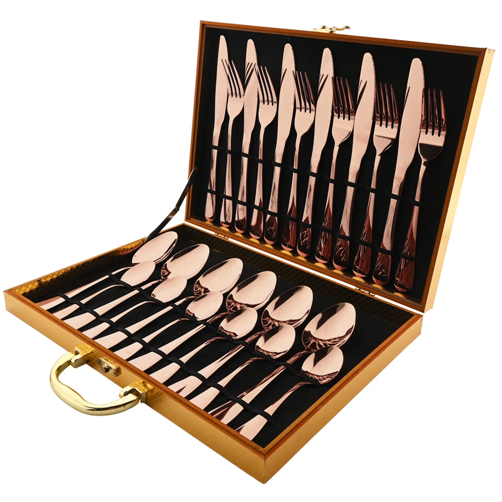 

24pcs Rose Dinnerware Set Stainless Steel Flatware Knife Fork Teaspoon Tableware Set Kitchen Cutlery Silverware Set Gift Box