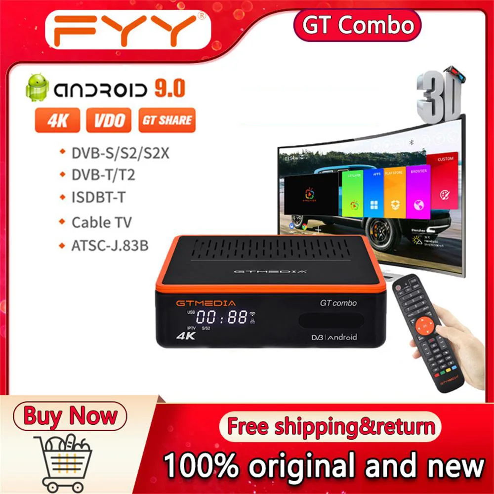 

4K Ultra HD TV Box GTMEDIA GTCOMBO Android 9.0+DVB-S2X/T2/C/ATSC-C(J.83B)/ISDBT Decoder Satellite Receiver H.265 Tuner Receptor