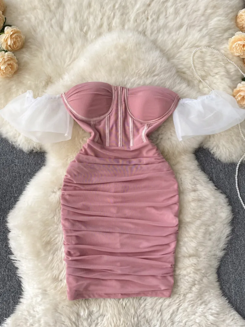 

Sexy Strapless Mini Party Dress Women Elegant Patchwork Off Shoulder Mesh Short Sleeve Slim High Waist Ruched Bodycon Club Dress