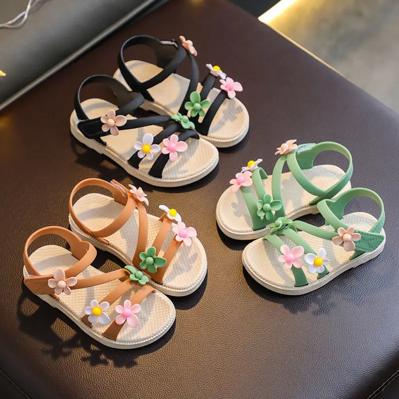 

Summer Little Girl Sandals 2022New Flowers Simple Cute Pink Green Children's Sandals Toddler Baby Soft Casual School Girls Shoes