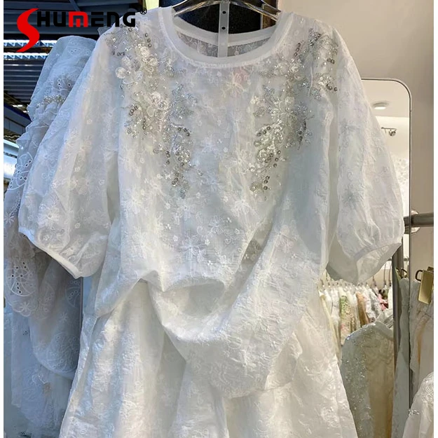 

European Beads Crystal-Studded Sequins Lace Shirt Ladies 2022 Summer New Fashion Sweet Shorts Loose Fairy Solid Two-Piece Set