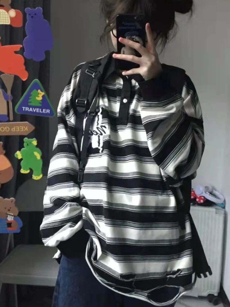 HOUZHOU Korean Black White Striped Sweatshirt Women Grunge Streetwear Ripped Basic Long Sleeve Tshirts Oversized Harajuku Hoodie